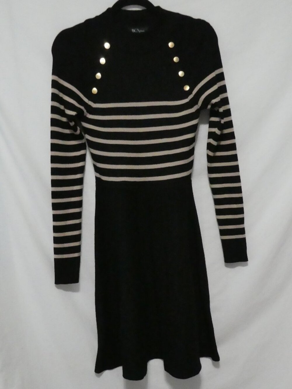 BCX DRESS Lurex Stripe Button Detail Fit and Flare Sweater Dress - Size Medium